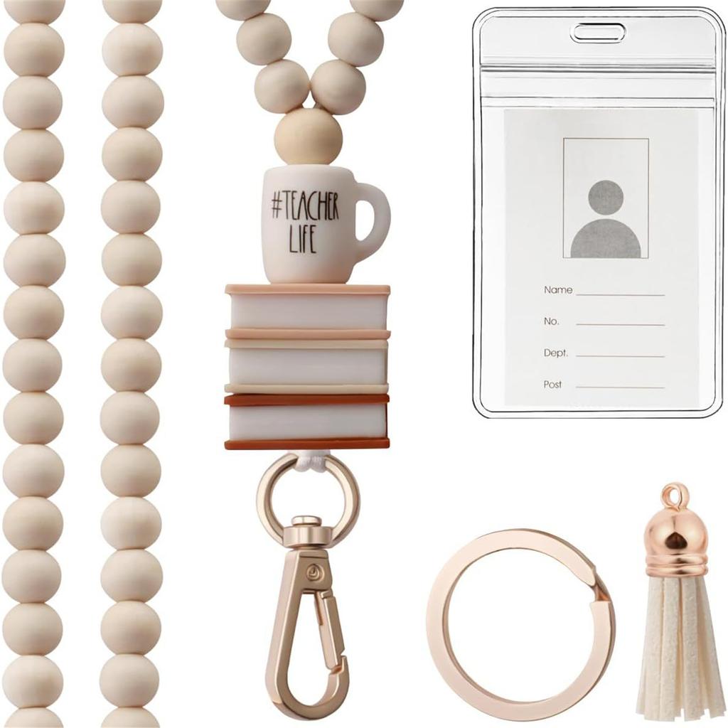 Держатель для карточек и шнурок с бусинами для женщин, прозрачный держатель для карточек с бусинами, шейный ремешок, кисточки, брелок с подвеской