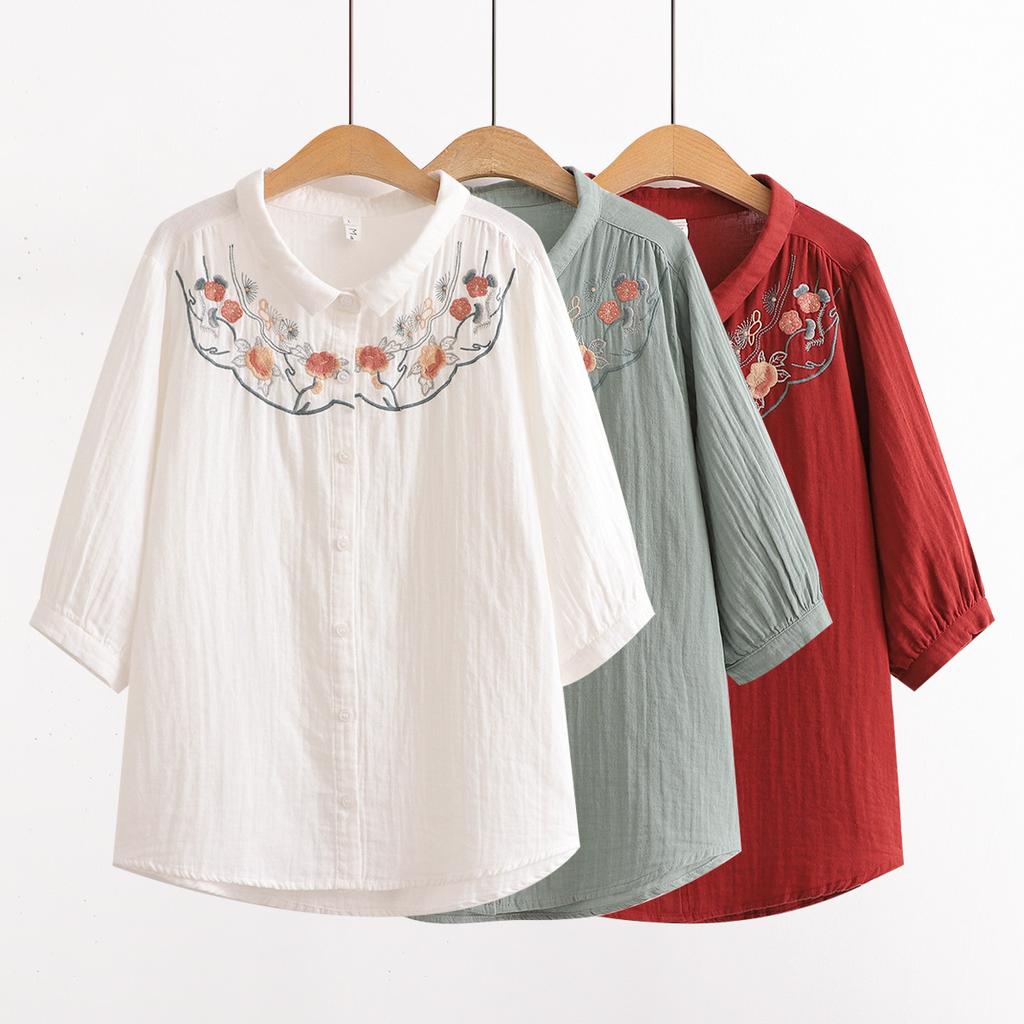 Women's Floral Embroidery Soft Seven Sleeve Shirt