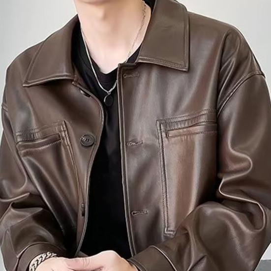 Мужская куртка с лацканами, длинными рукавами, карманами-клапанами, однобортная куртка, пальто, однотонная, свободная, водонепроницаемая, теплая, из искусственной кожи