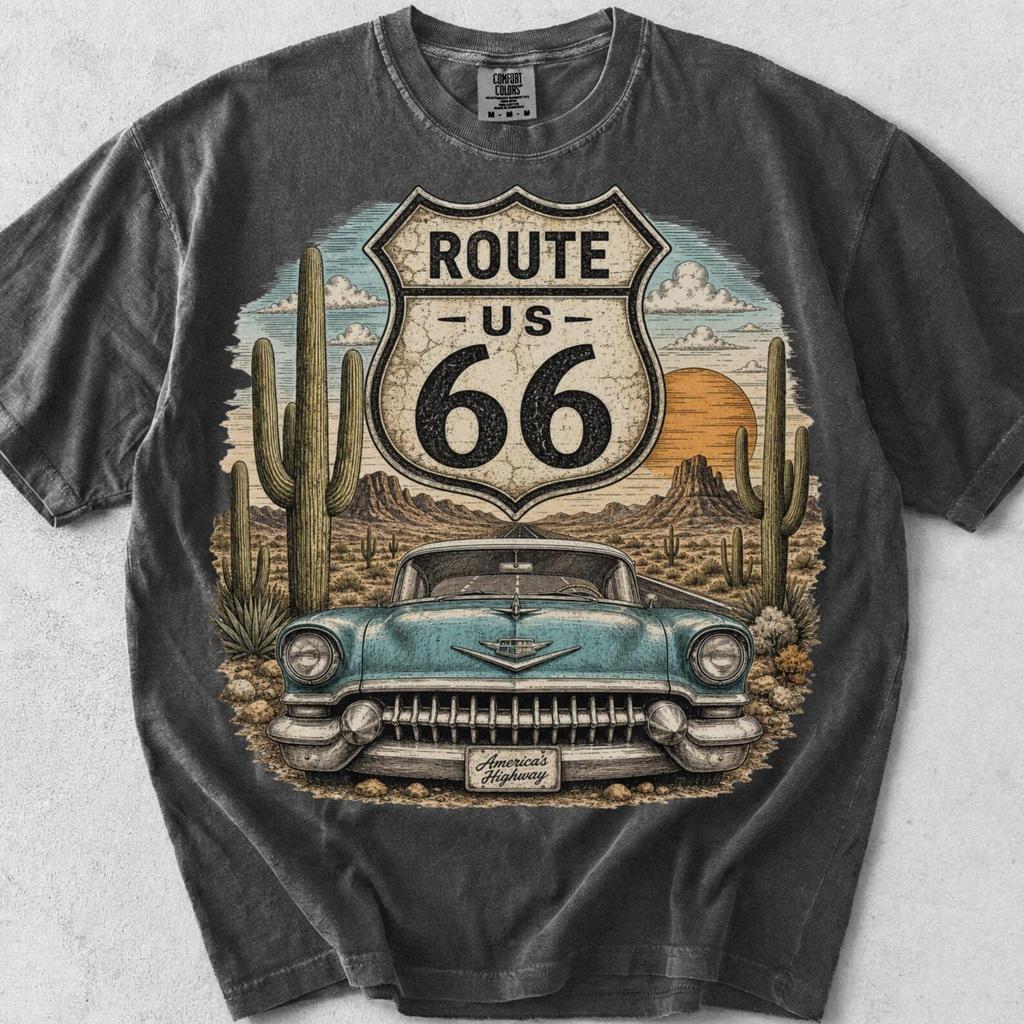 Route 66 Vintage Shield Shirt – Retro Desert Graphic Tee, Comfort Colors Cotton