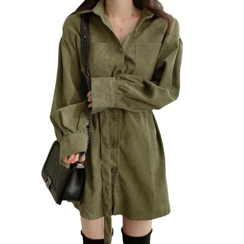 Женское вельветовое длинное платье-рубашка французского дизайна в иностранном стиле со шнуровкой на талии, утягивающее платье