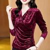 Plus Size Gold Velvet V-Neck Long Sleeve Shirt - Women's Autumn/Winter 2025 Collection