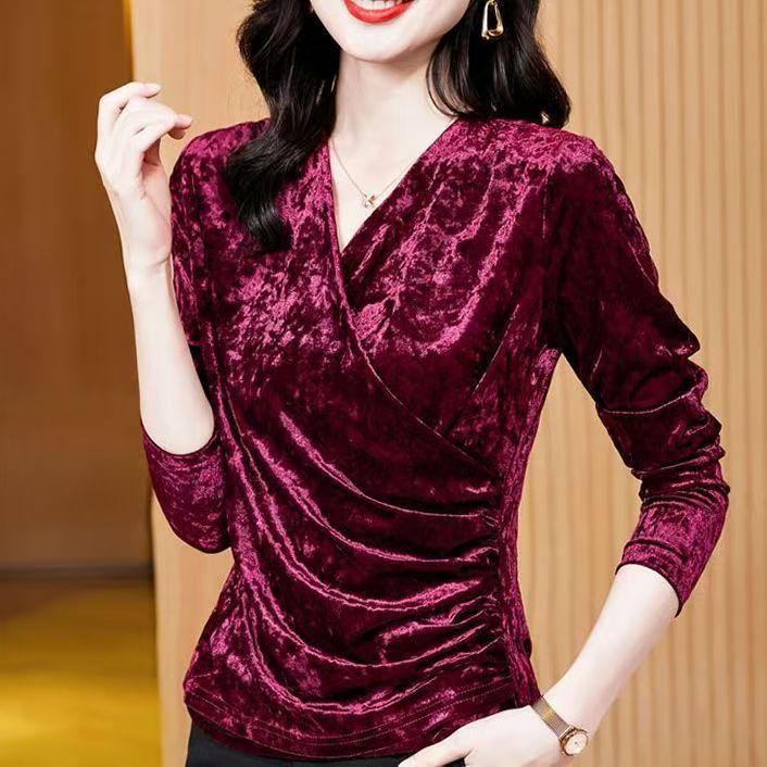 Plus Size Gold Velvet V-Neck Long Sleeve Shirt - Women's Autumn/Winter 2025 Collection
