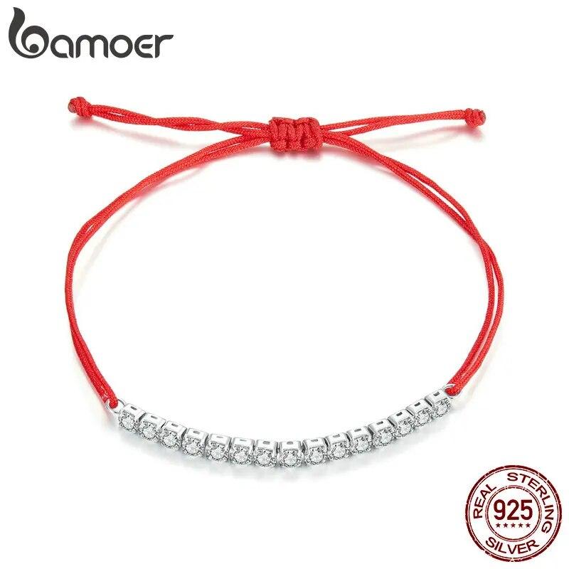 BAMOER 925 Sterling Silver Simple Red Rope Bracelet Shiny Zircon Tennis Bracelet for Women Lucky Fine Jewelry Gift