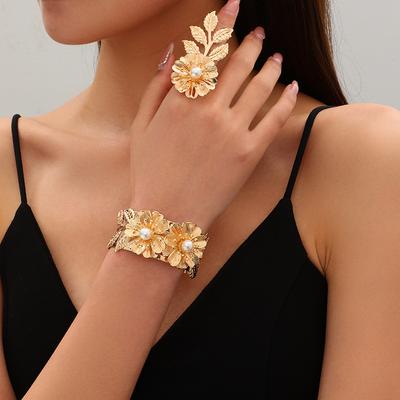 Винтажный браслет с цветком, набор колец с имитацией жемчуга, открывающийся, регулируемый, женские украшения для отпуска