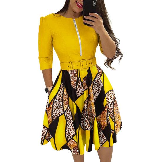 Ladies Dress Zipper Decor Belted Tight Waist Color Matching Print Round Neck Pockets Three Quarter Sleeve A-line Loose Hem Spring Fall Mini Dress