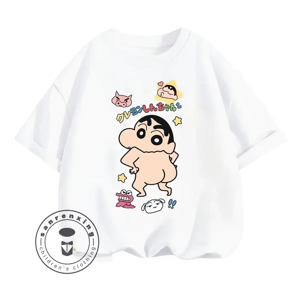 Летний Хит Crayon Shin-chan Принт Анимационного Мультяшного Персонажа Круглый Вырез Мягкая и Удобная Летняя Детская Футболка с Коротким Рукавом