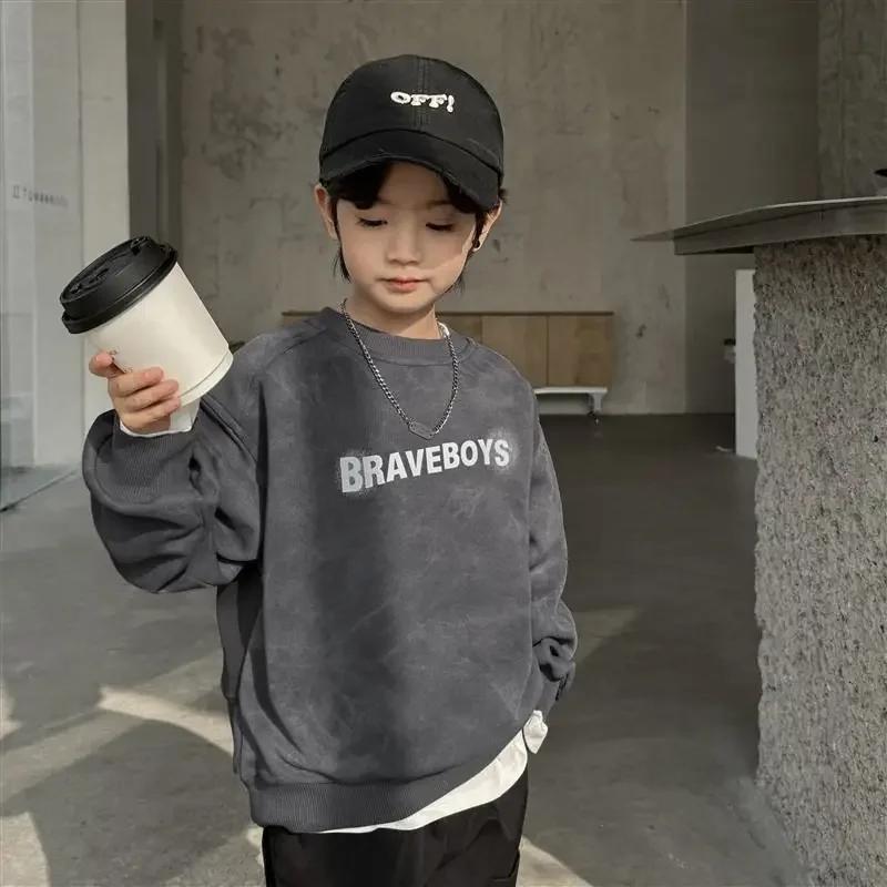 Детская толстовка для мальчиков с длинным рукавом, серая футболка в стиле пэчворк, свободный крой, одежда на весну и осень
