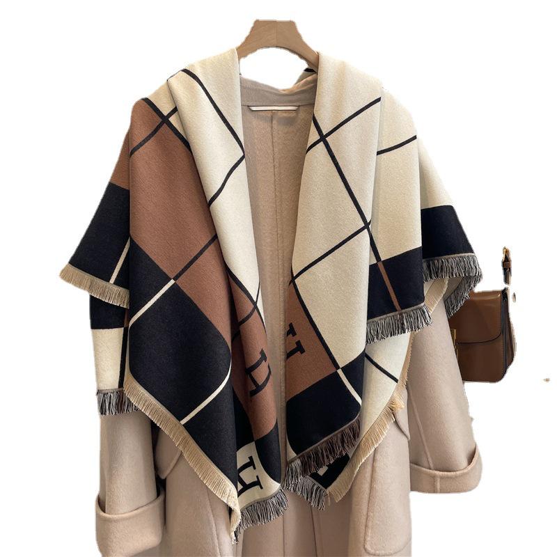 Warm Plaid Cashmere-Feel Tassel Shawl: Versatile, Cold-Proof Scarf & Blanket