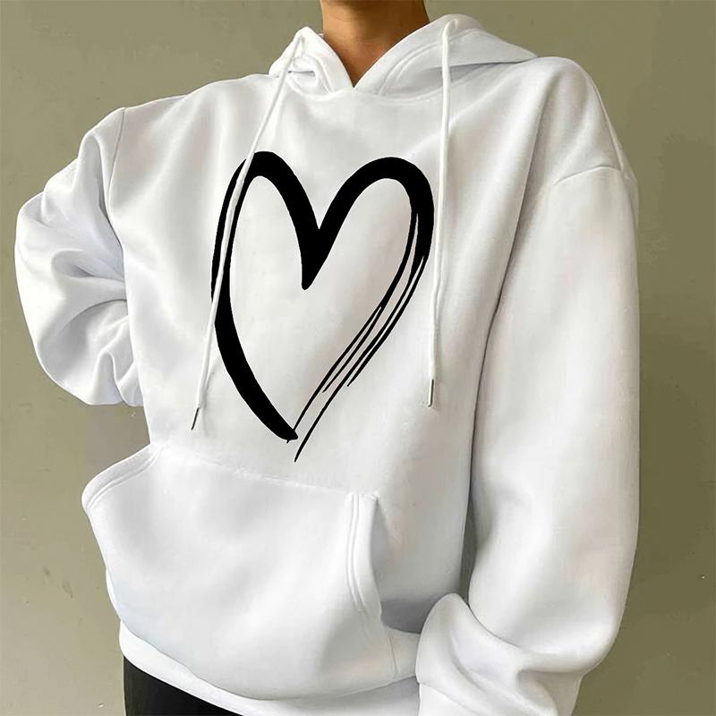 Sweatshirt Women's Heart-print Plush Top For Loose Casual Sports Hooded Pullover
