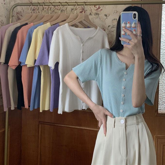 Short Sleeved T-shirt Women's Summer French Slimming Chic Thin Knitted Upper Garment