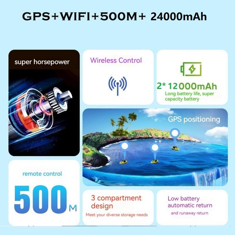 Лодка для ловли рыбы с эхолотом, аккумулятором 24000 мАч, 16 точками GPS, 6-часовым круизом, автоматическим возвратом, обнаружением глубины 100 м, цветным дисплеем