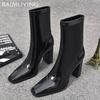 Chunky Women Ankle Boots Square Toe Leather High Heels Fashion Shoes 2025 Trend Designer Winter Chelsea Boots Pumps Botas Mujer