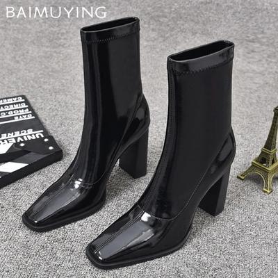 Массивные женские ботильоны с квадратным носком, кожаные, на высоком каблуке, модная обувь 2025 года, дизайнерские зимние ботинки челси, туфли-лодочки Botas Mujer