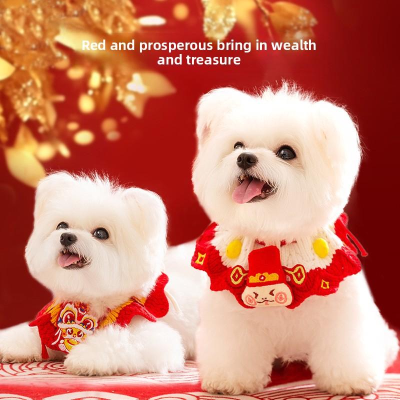 Осень и Зима Собаки Празднуют Богатство и Сокровище Новогодний Вязаный Шерстяной Воротник Кошка Треугольное Полотенце Слюнявчик для Питомца