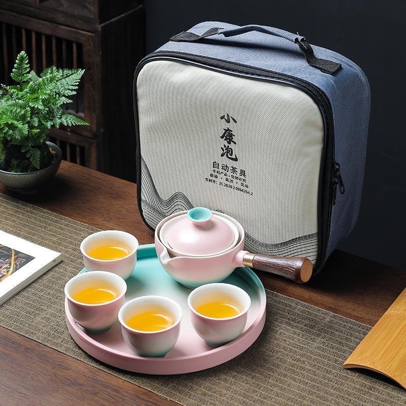 Lazy Tea Brewing Set Home Japanese One Pot Four Cups Tea Tray Portable Travel Tea Set Ceramic Rotating Side Handle Pot