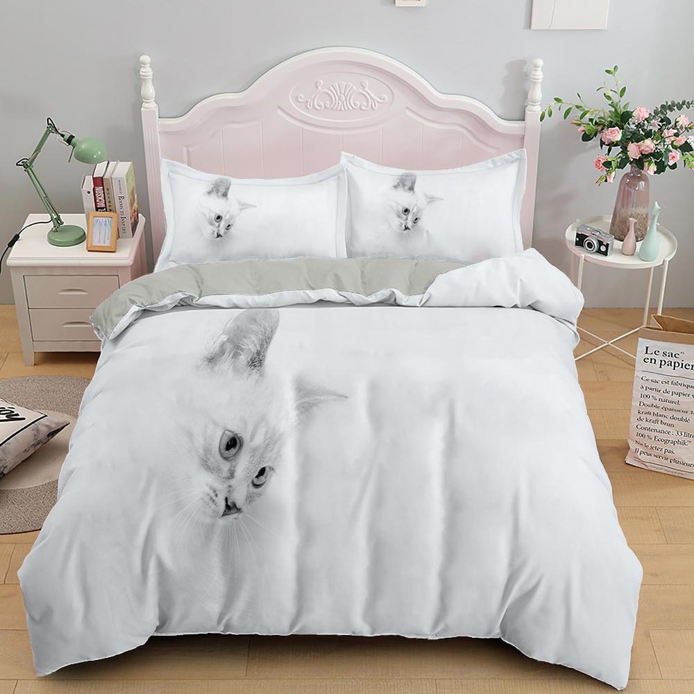 White Cat King Queen Duvet Cover Kawaii Pet Kitty Bedding Set For Kids Teens Adults Family Animal 2/3pcs Polyester Quilt Cover