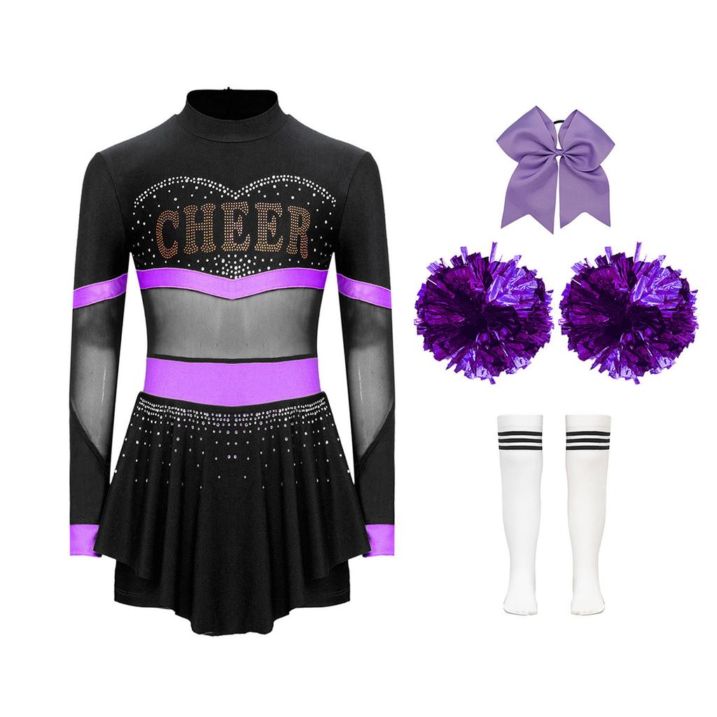 4Pcs Girls Cheer Leader Costume Long Sleeve Diamonds Dance Jumpsuit with Cheerleading Hand Flower Bowknot Hair Ties and Striped Knee High Tube Socks