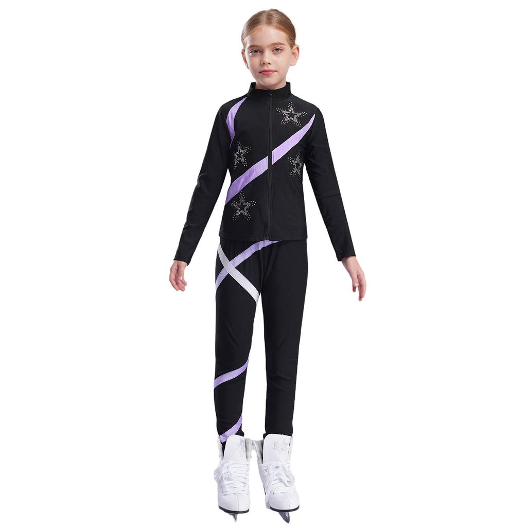 Girls Sparkle Star Long Sleeve Zipper Top with Colorblock Leggings for Figure Skating Gymnastics Dance Training