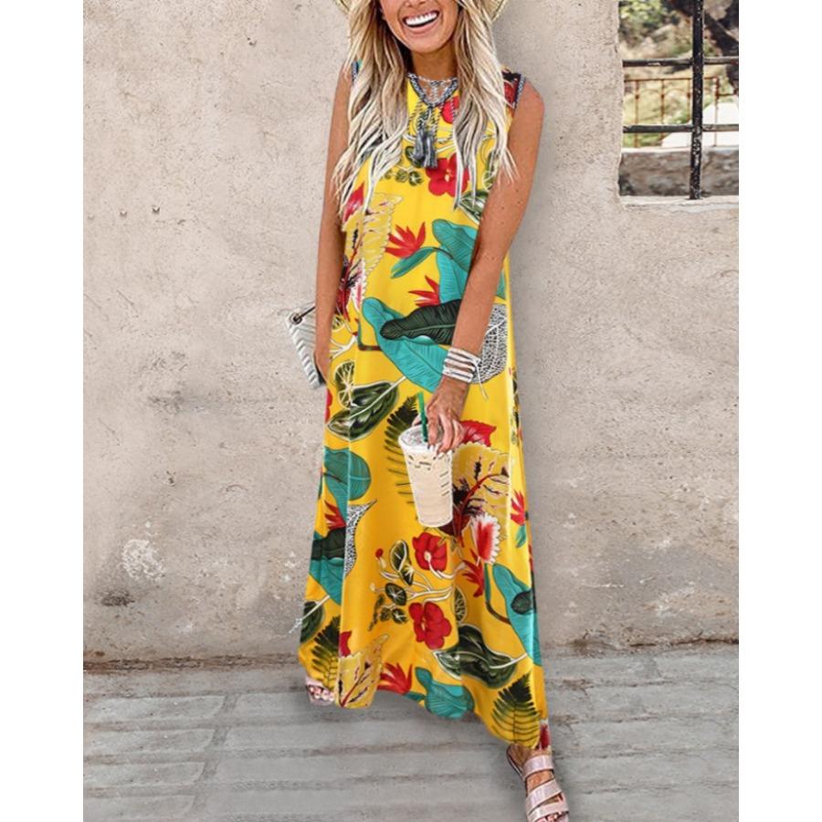 Summer Women Digital Position Print Sleeveless Long Lace Up Dress