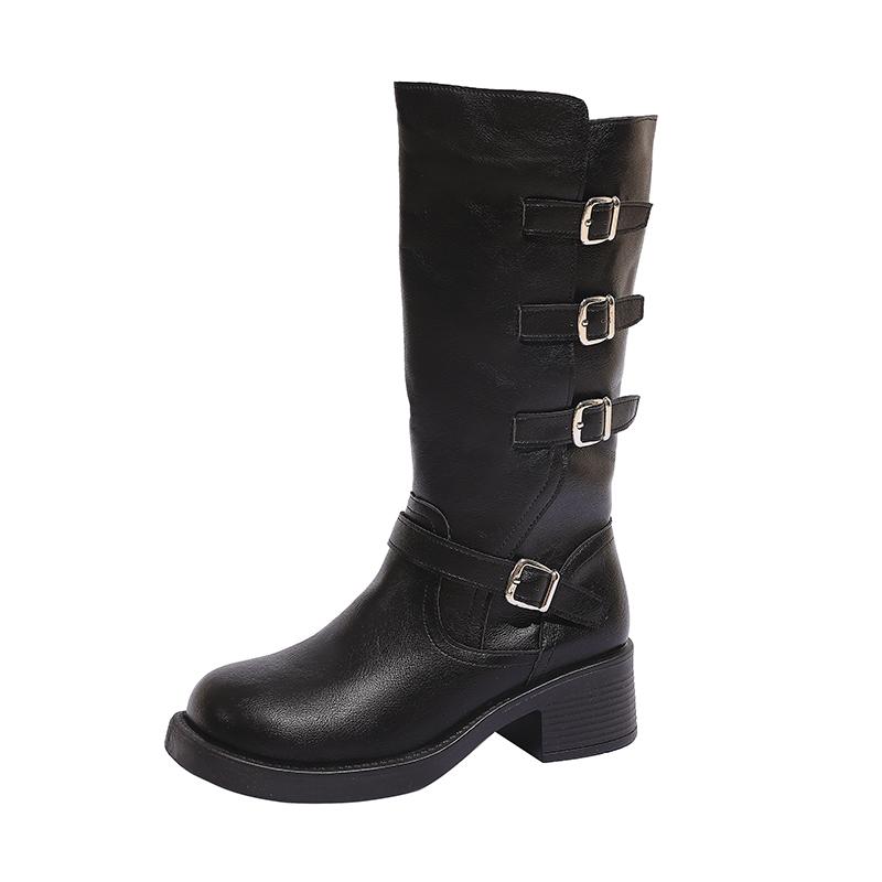 Ботильоны до середины икры с круглым носком, новые осенне-зимние, на толстом каблуке, в британском стиле, универсальные, с темпераментом, модные ботинки для женщин