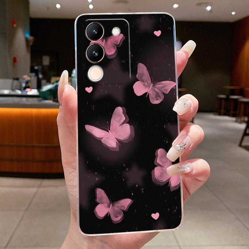 Phone Case For Vivo V29e V27e 5G Slim Soft TPU Cover Clear Silicone Aesthetic Luxury Fashion Butterfly Flowers New Design Case