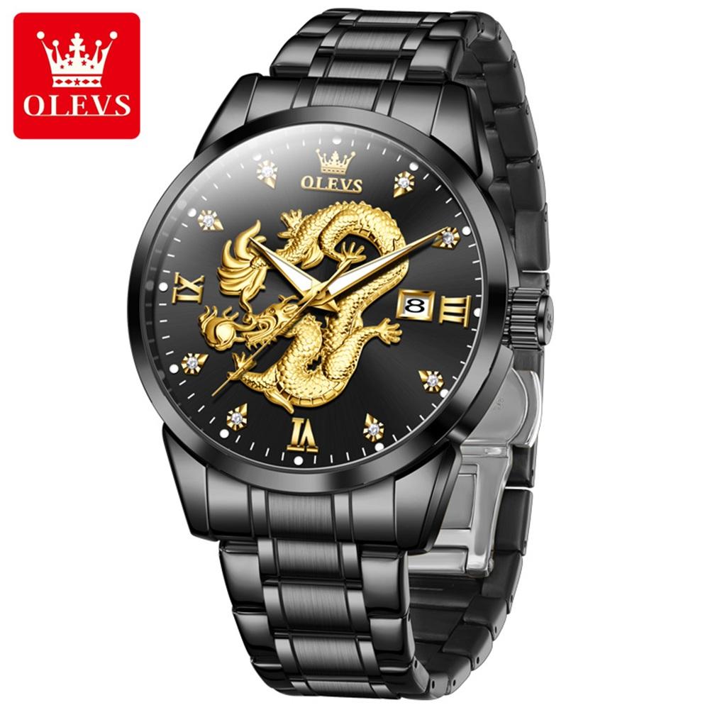 OLEVS Brand watch steel band three-dimensional dragon logo single calendar waterproof men's quartz watch 3619