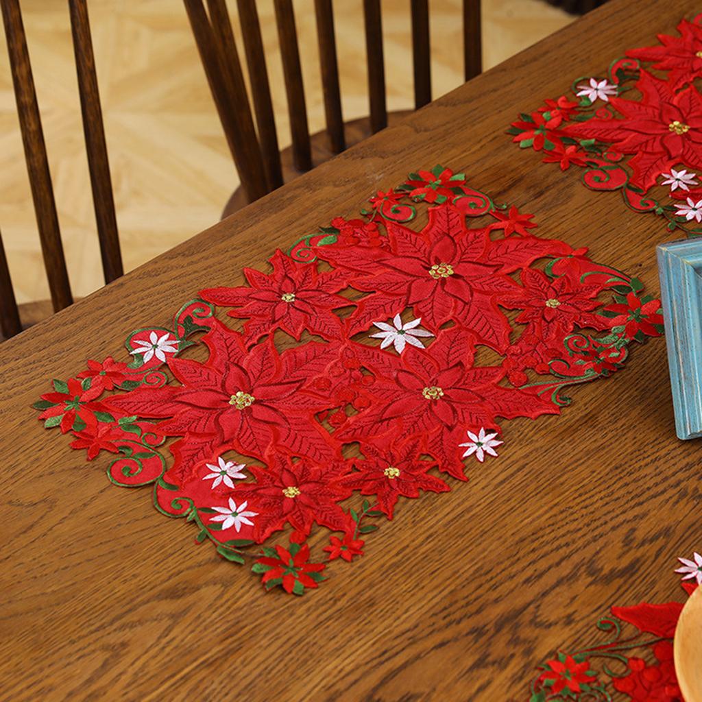 4 Pcs Christmas Embroidered Flower Rectangular Table Mats 11.02x16.93inch Table Doily Holiday Placemats Set for Home and Kitchen
