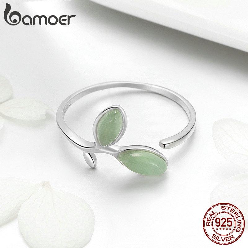 BAMOER 925 Sterling Silver Hope Green Tree Leaves Tree Buds Female Finger Rings