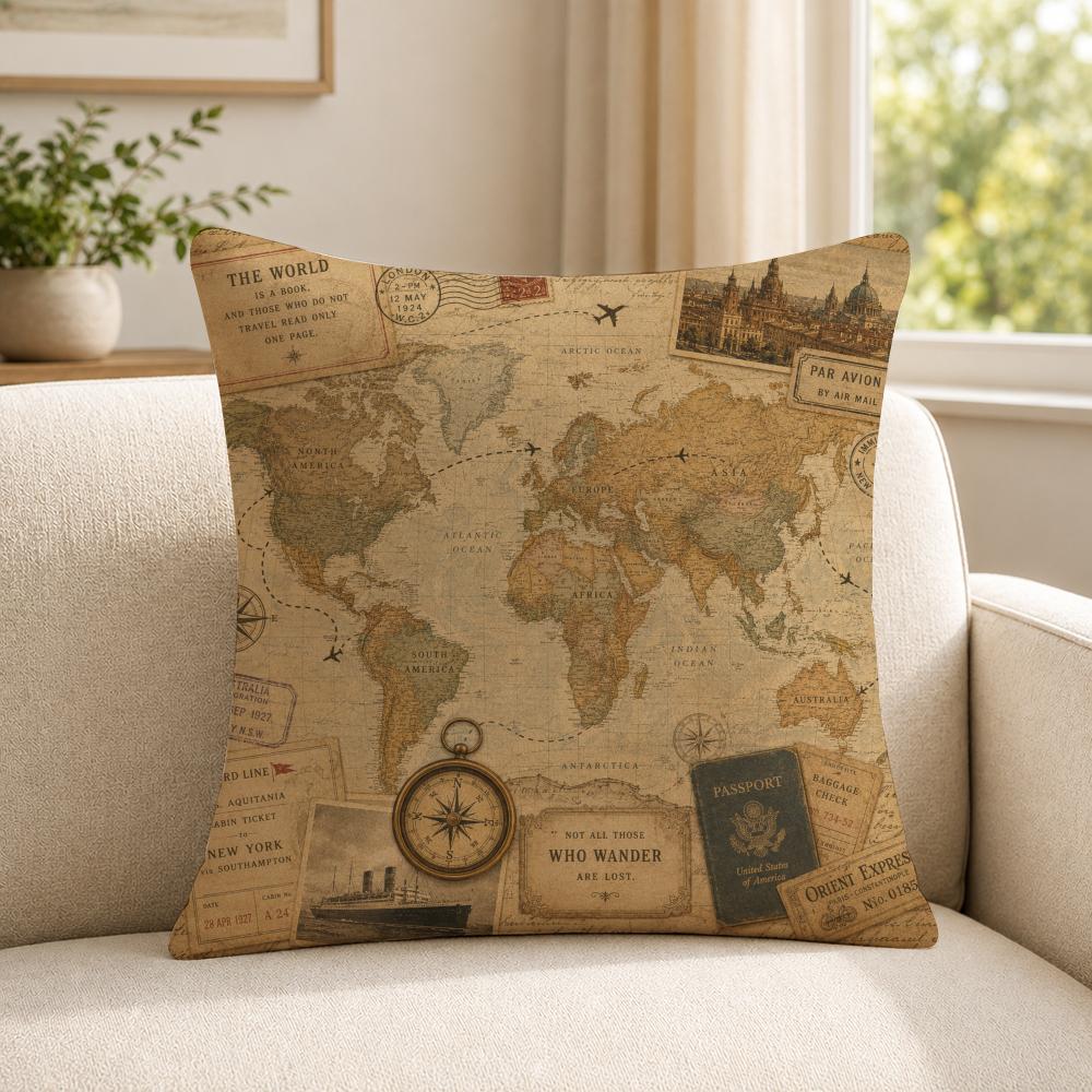 art vintage travel map collage Cushion Cover Soft Short Plush SkinFriendly Cushion Case for MultiScene Use