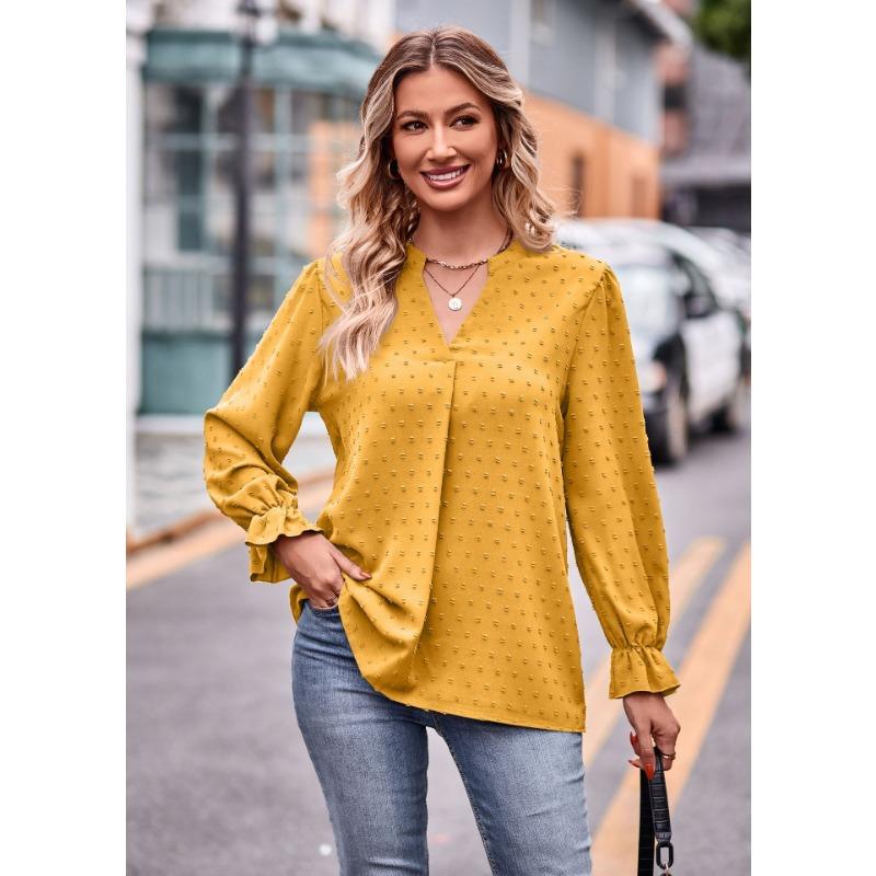 Весенне-осенняя женская блузка, жаккардовая рубашка с v-образным вырезом, свободные топы с длинными рукавами