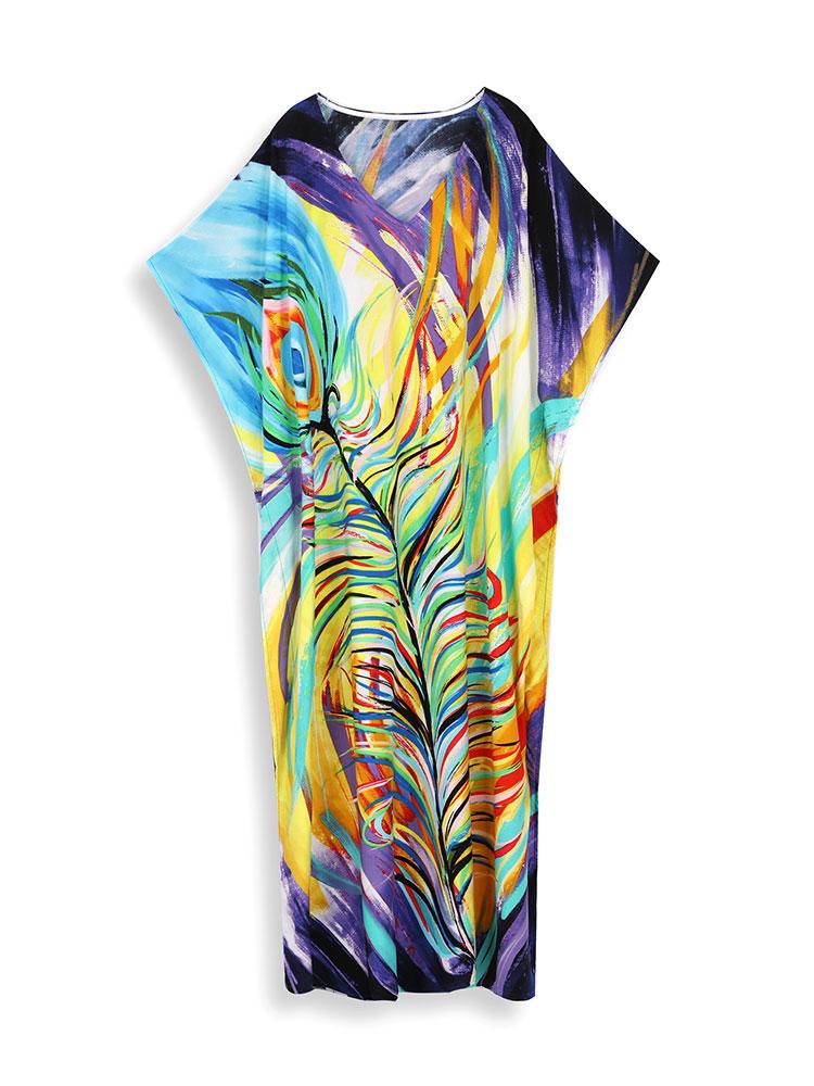 EDOLYNSA Plus Size Bohemian Women Caftan Kaftan House Robe Homewear Beach Dress Swimsuit Cover-up Light Jacket Vacation Long Dress Q1577