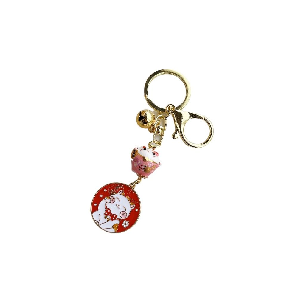 Small Bell Maneki Neko Pendant Japanese Style Car Keyring Cute Ceramic Cat Keychain Children Gifts