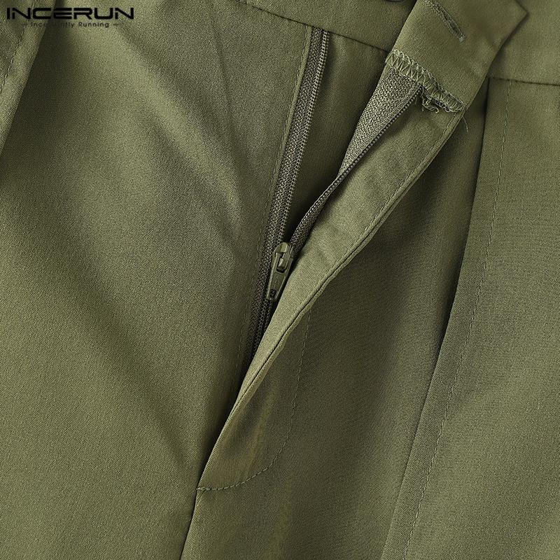 INCERUN Мужские брюки на молнии, эластичные, с высокой талией, повседневные длинные брюки с широкими штанинами