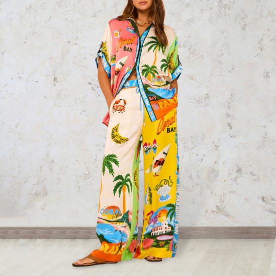 Женский комплект из 2 шт./компл., однобортный однобортный короткий стиль, рубашка с ярким принтом, брюки, топ с рукавами и лацканами для отдыха на Гавайях