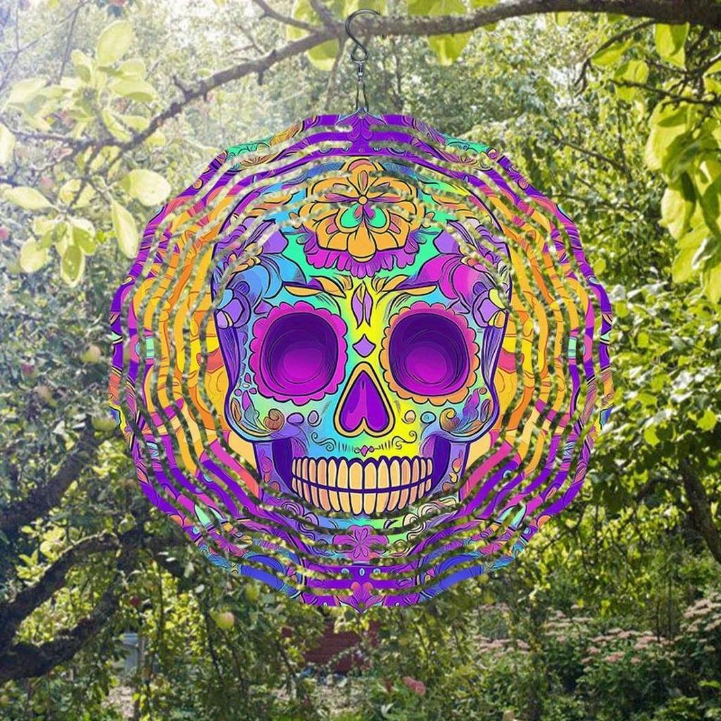 Purple Psychedelic Skull Metal Wind Chime Rotating Hook Colorful Striped Design for Indoor Outdoor Garden Halloween Party Decor Unique Gift Idea