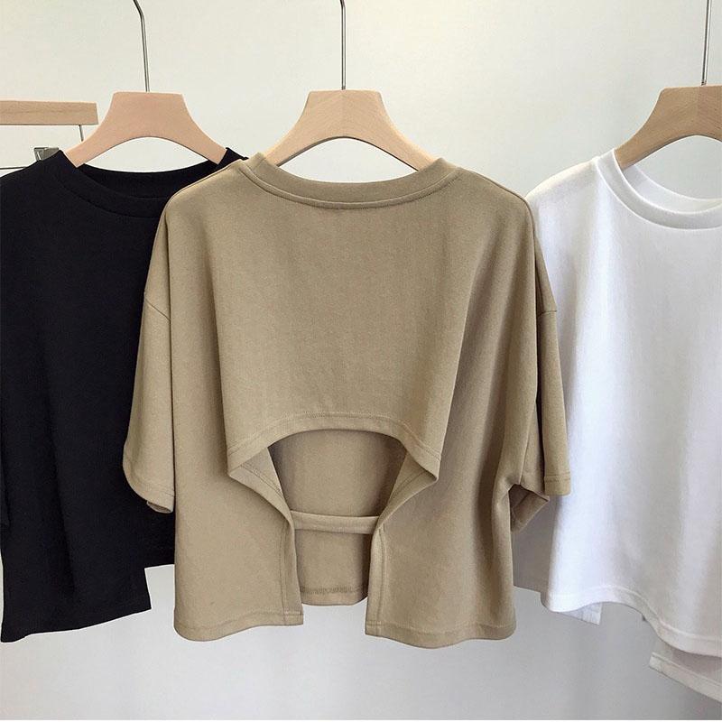 Футболка с открытой спиной, летняя, с круглым вырезом, свободный топ с короткими рукавами для женщин