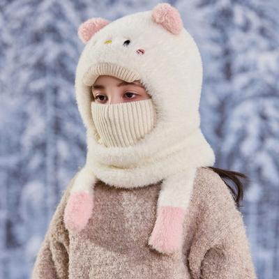 Детская шапка с защитой лица шарф плюшевая подкладка однотонная форма медведя теплая ветрозащитная вязаная шапка осень зима для улицы