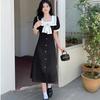 Spring and summer fat mm high waist bow square neck short sleeve large size dress women's new design sense medium and long A-shaped skirt