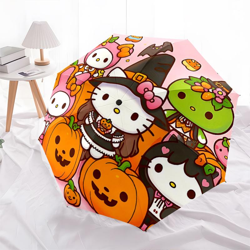 1pc Hello Kitty Halloween Pumpkin Carving Automatic Opening/Closing Umbrella with Foldable Design, 8-Bone Iron Frame Outdoor Umbrella for Festive Gift