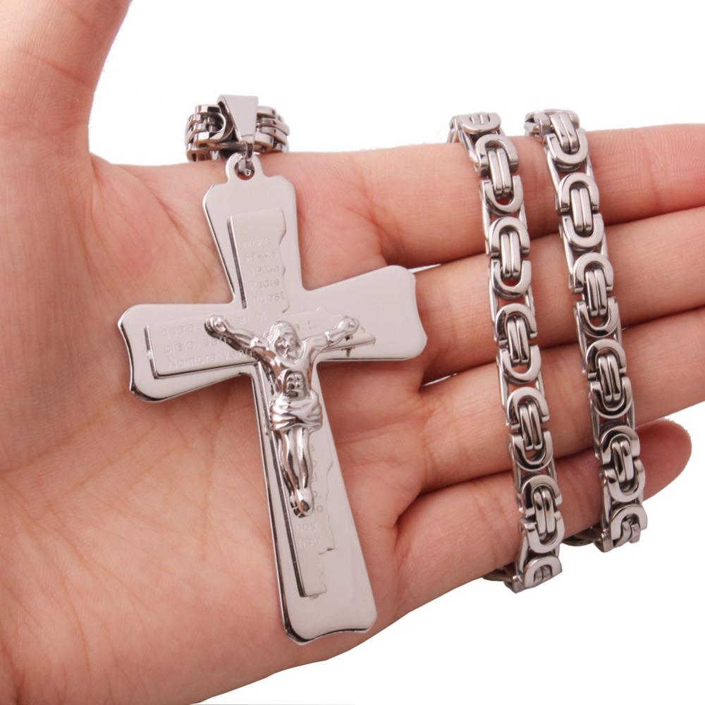 Good Quality Stainless Steel Jesus Cross Pendant Necklaces with Heavy Link Byzantine Chain Men Boys Christian Necklace