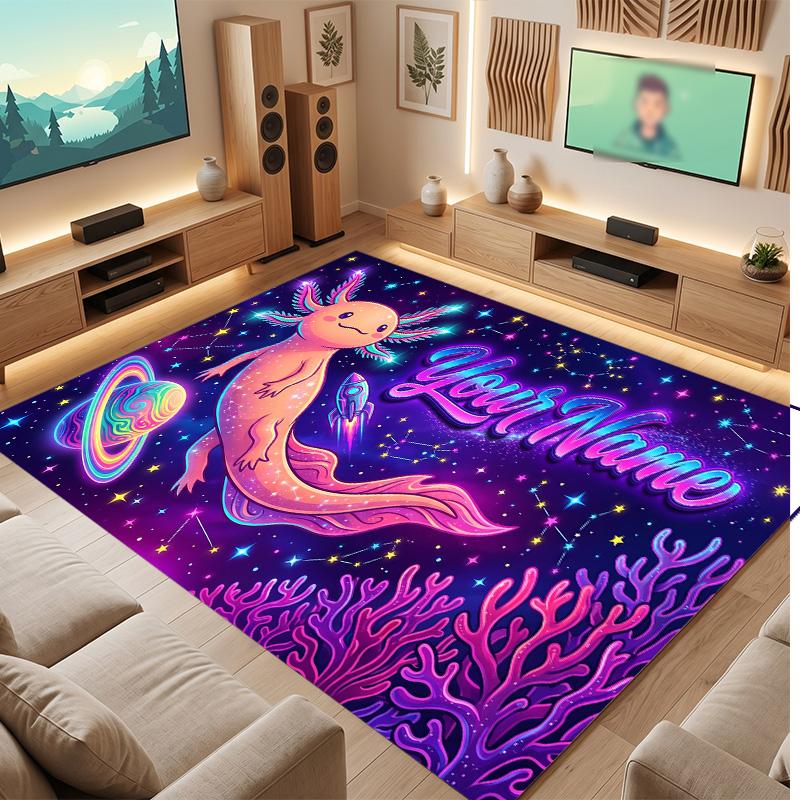 Axolotl Theme Soft Crystal Velvet Rug Custom Name & Text Print Non Slip Floor Rug for Bedroom Living Room