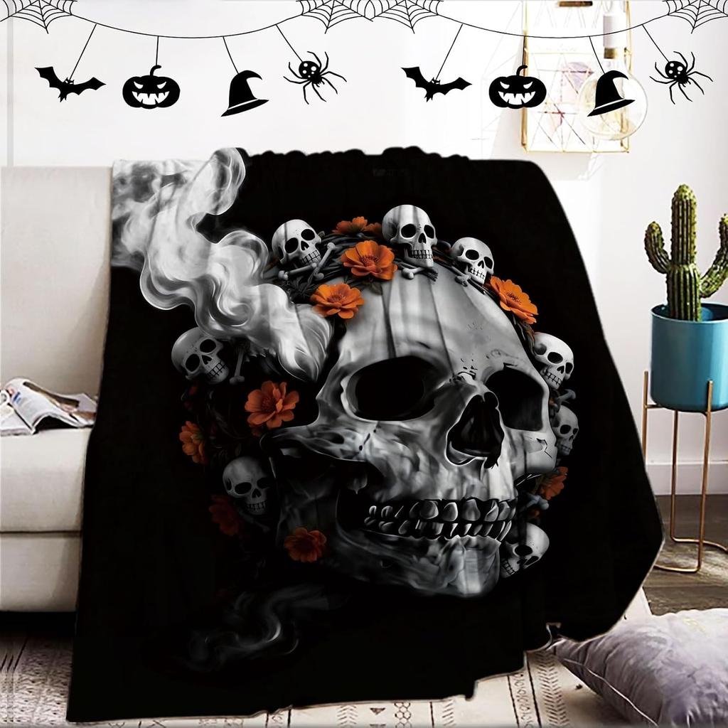 Halloween Pumpkin Bat Witch Hat Flannel Throw Blanket, Spooky Ghost Spider Web Print Soft Warm Blanket for Sofa Bed Holiday Home Decor Gift