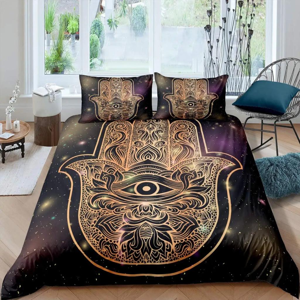 Hamsa Hand Bedding Set Boho Mandala Duvet Cover Set Black Gold Bohemia Bed Set Fatima Hand Bed Linen Lucky Hand Quilt Cover