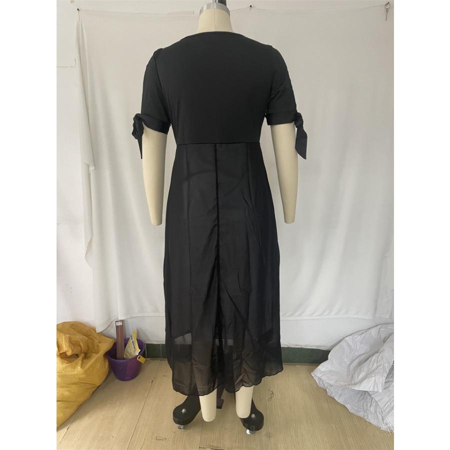 Весенне-летняя женская одежда больших размеров, элегантное модное платье с открытыми плечами и v-образным вырезом, лоскутное шифоновое платье из искусственного двойного предмета нестандартной формы