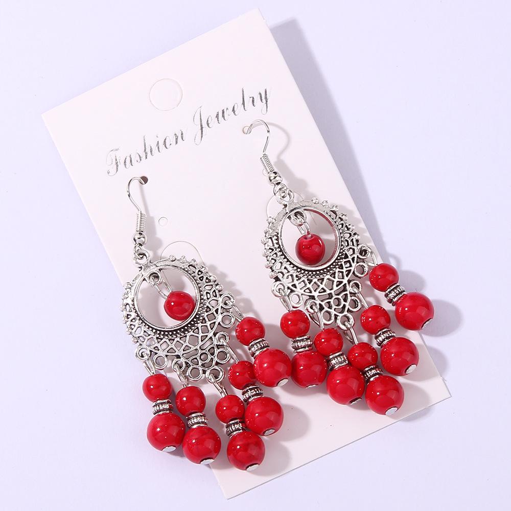 Retro Ethnic Turquoise Tassel Earrings Bohemian Vacation Style Color Blocking Earrings Long Fashionable Earrings