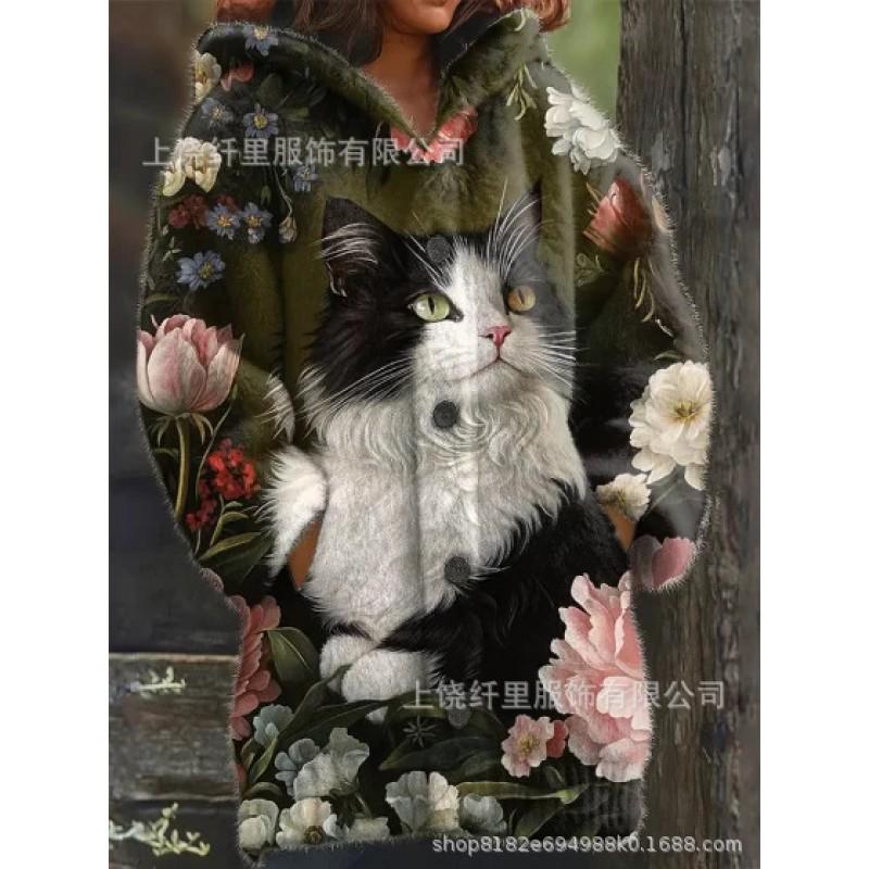 3D Cat Print Hooded Sweatshirt Cardigan Casual Jacket Women