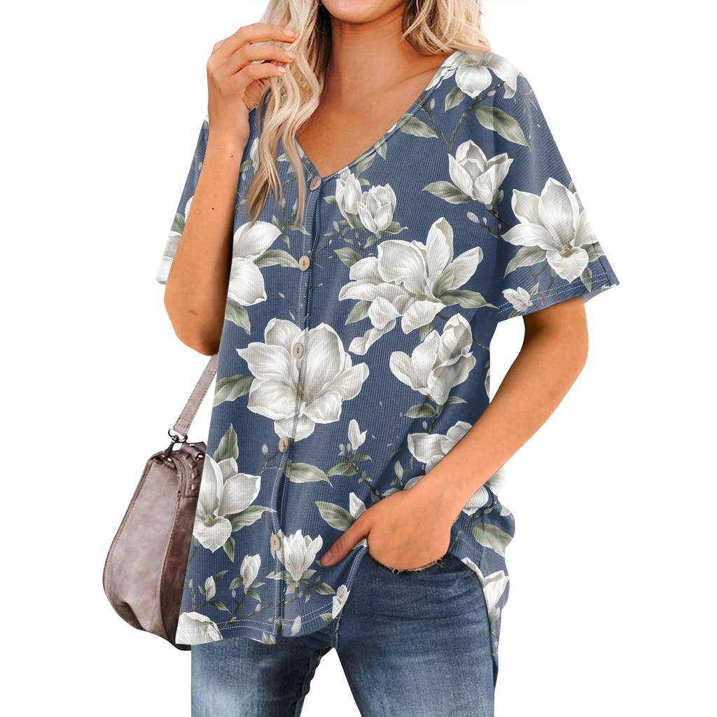 Women's T Shirt Tee Printed Women's Shirts V Neck Short Sleeve Button Up Tunic Tops Blouse