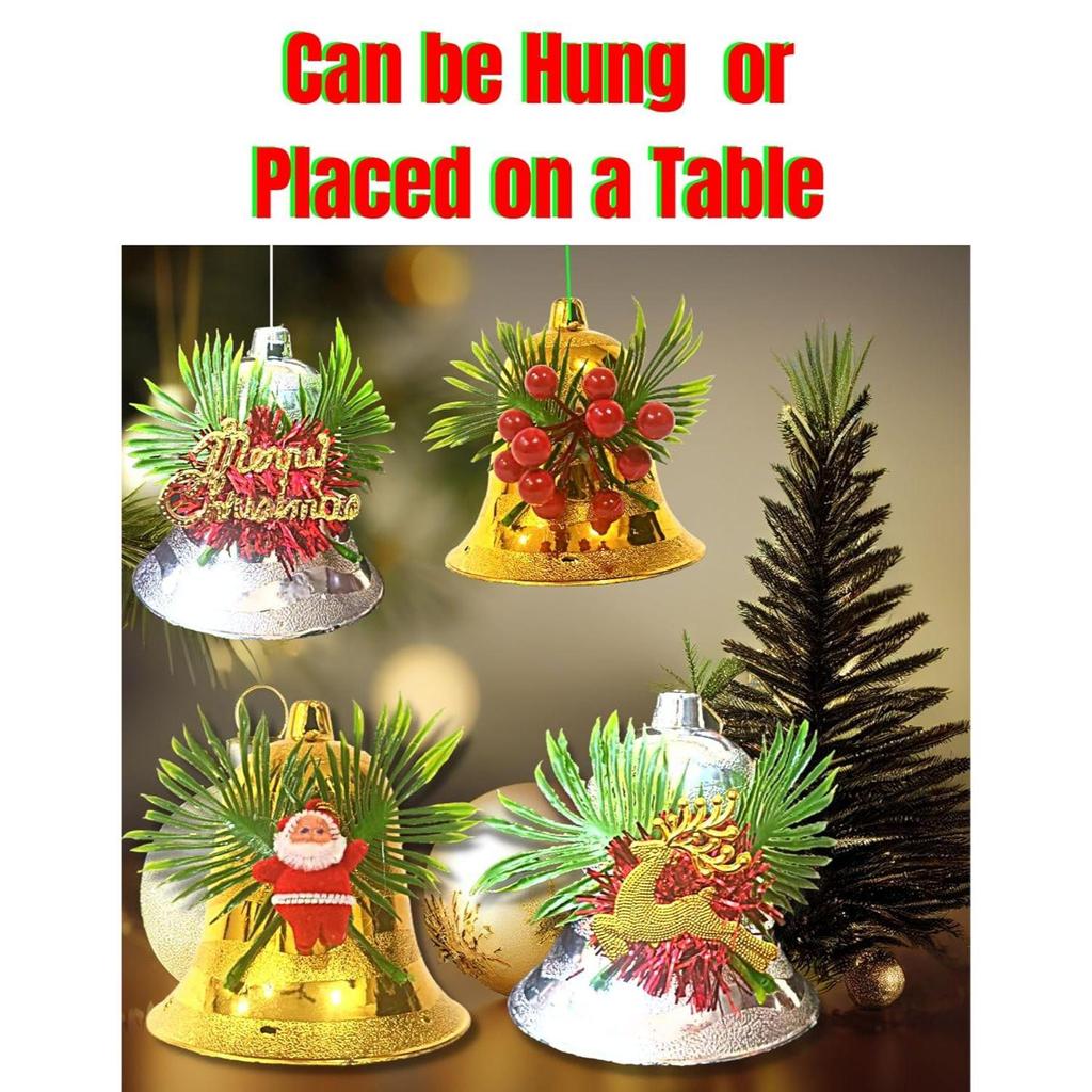 (Set of 4 Big Size) Christmas Decoration Golden Silver Bells Combo Merry Christmas Decorative Items for Xmas Santa Hanging Bells
