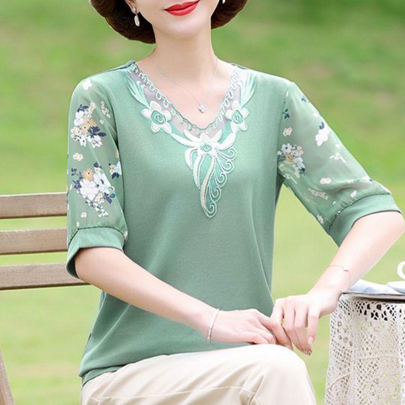 Футболка с короткими рукавами для мам на лето, топ из ледяного шелка для женщин среднего возраста, вязаный свитер для людей среднего и пожилого возраста